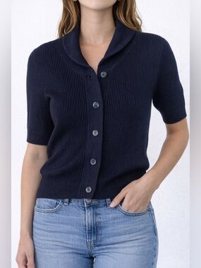 Ralph Lauren Purple Label Silk Cardigan Navy XL Ribbed Knit Short Sleeve Luxury